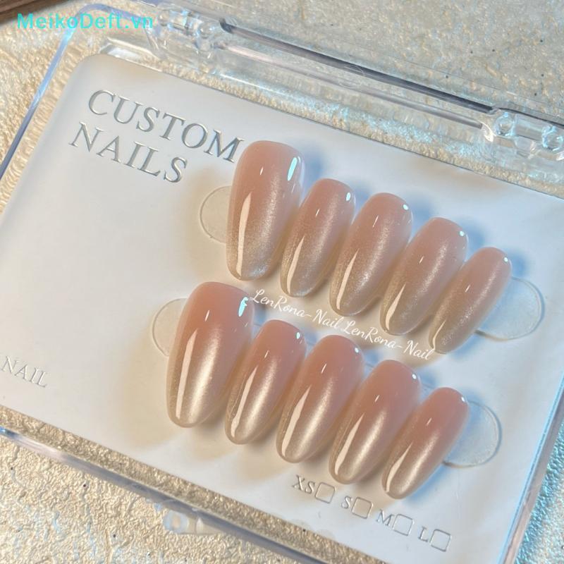 MeikoDeft Solid Color Press On Nails, Ice Transparent Cat Eye Nails Handmade Nude Skin-Flattering Na