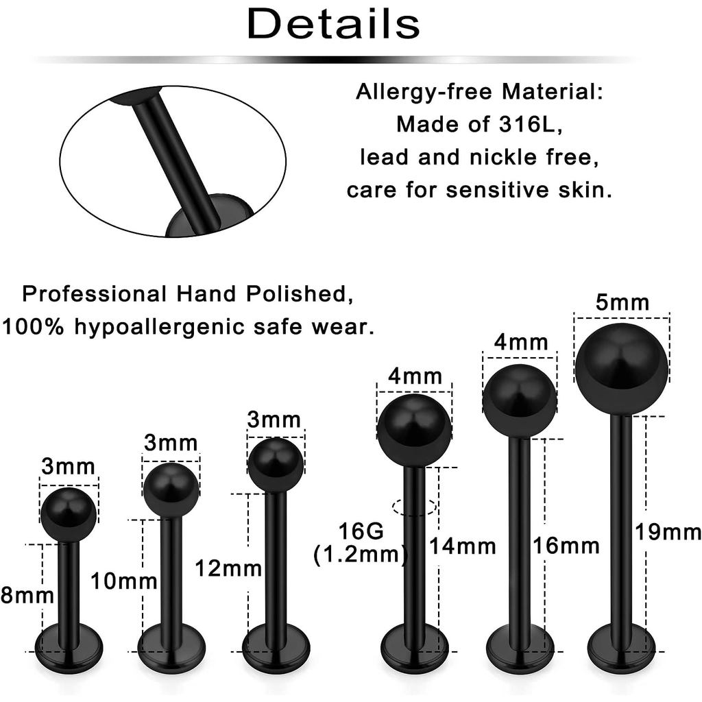 Ftovosyo 12 Cái 16G Kích Thước Khác Nhau Lưng Phẳng Stud Thép Không Gỉ Labret Ashley Medusa Monroe l