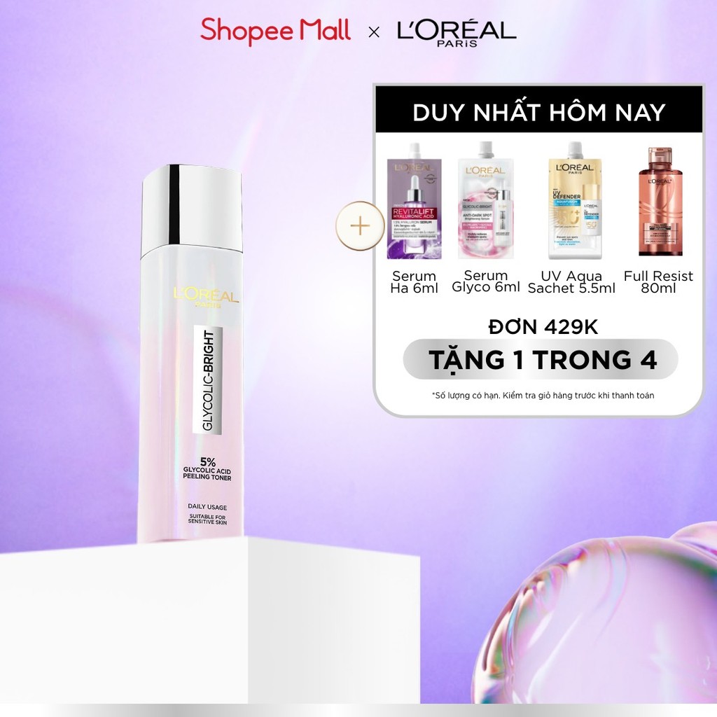 Nước Dưỡng Thúc Đẩy Tái Tạo Da, Làn Da Trông Sáng Và Căng Mịn L’Oreal Paris Glycolic Bright Peeling Toner 128Ml
