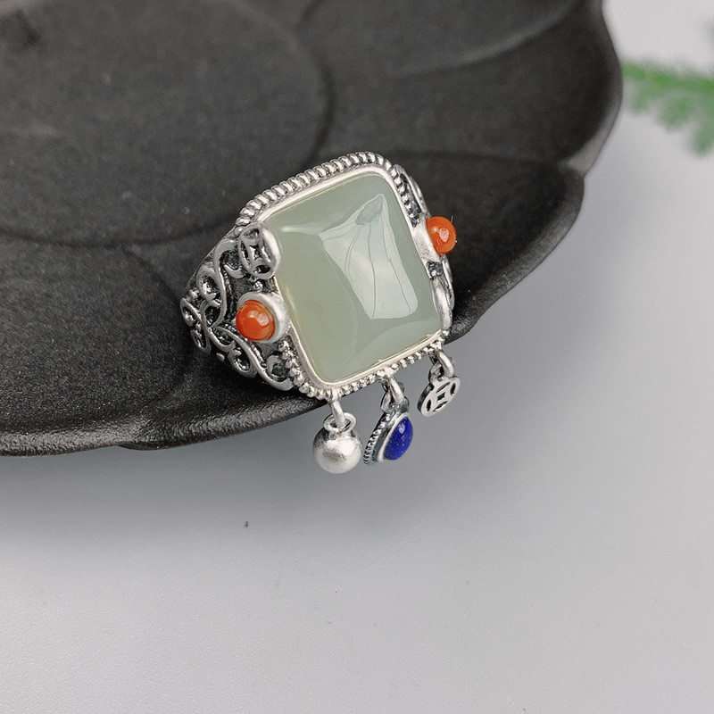 Preferred in-stock items#925Pure silver square natural Hetian jade ring for women, vintage style, wi