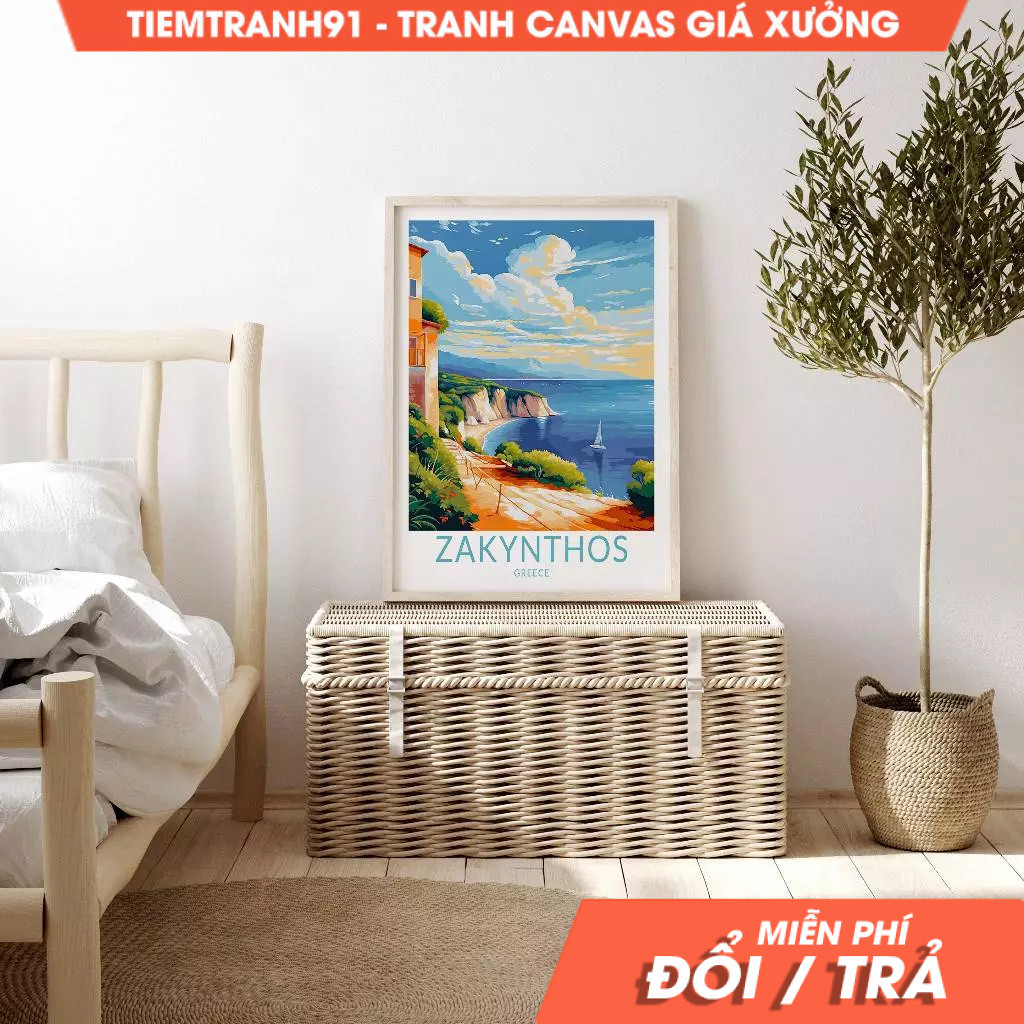 Tranh treo tường, Zakynthos Greece Travel Poster, Greek island Home Decor Wall Art City, tặng kèm đi