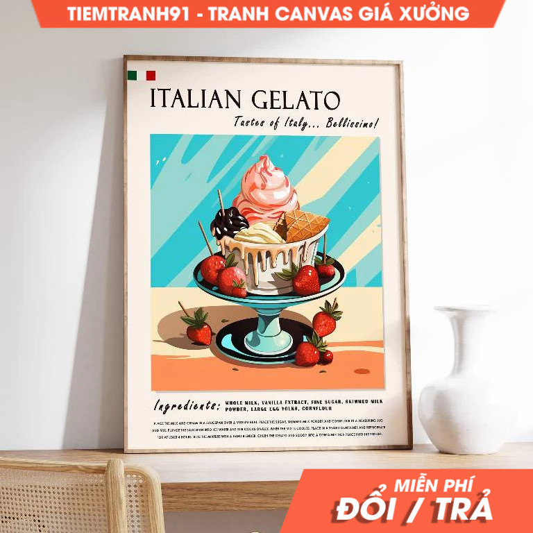 Tranh treo tường, Italian Gelato Poster, Gelato Food, Italian Dessert Poster, Kitchen Decor, tặng kè