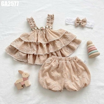 Set đồ bé gái áo hai dây bèo tầng thêu hoa kèm quần bloomer và băng đô nơ xinh MINTSCLOSET GA2577