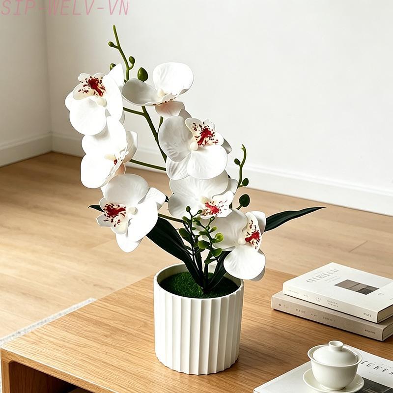 {WELV}Artificial Phalaenopsis Orchid 7 Flower Potted Fake Plant for Home Wedding Decor