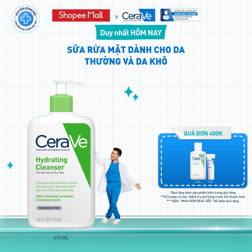 Sữa rửa mặt giúp làm sạch sâu dành cho da thường và da khô Cerave Hydrating Cleanser 473ML