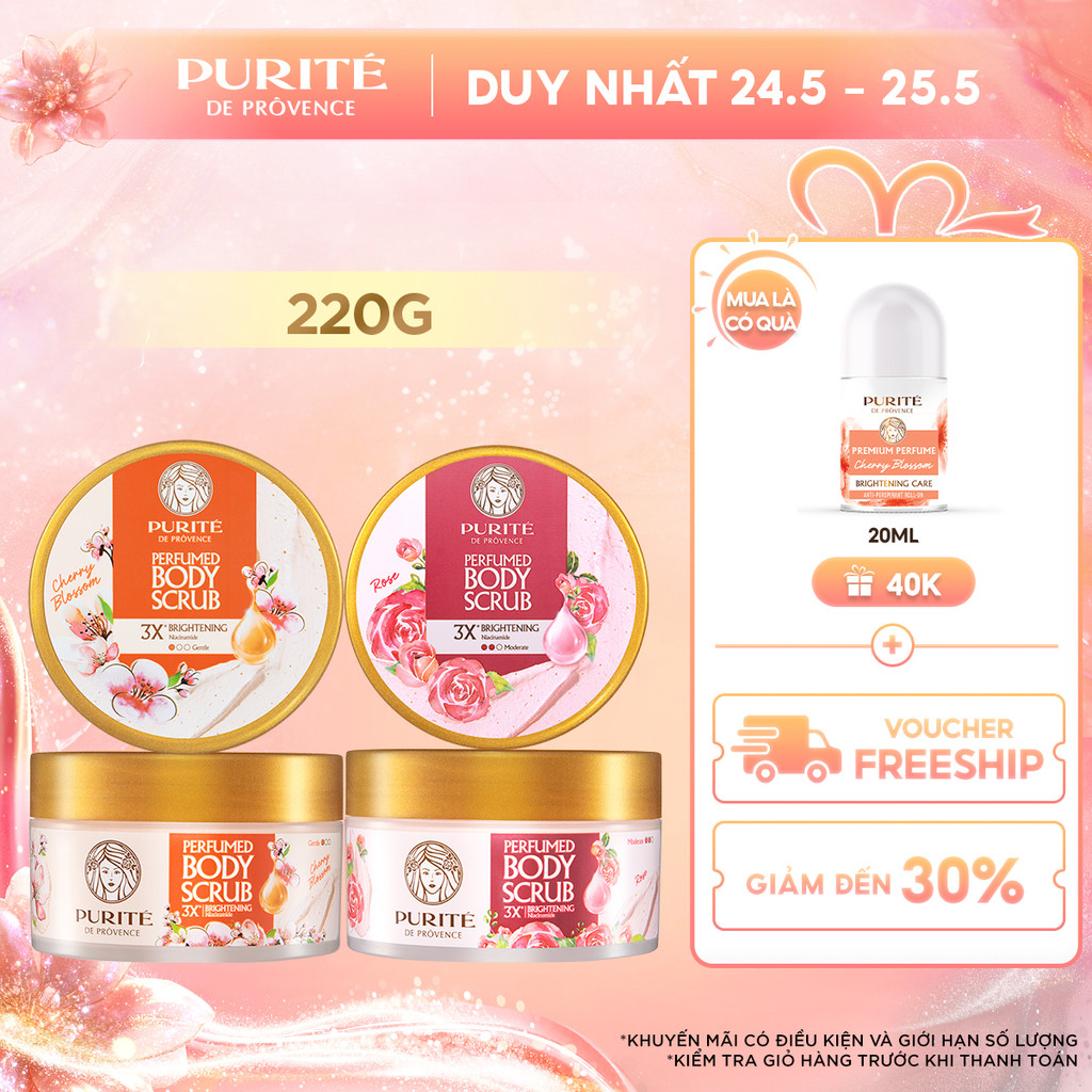 Tẩy Tế Bào Da Chết Dưỡng Sáng PURITÉ Hương Nước Hoa Hoa Anh Đào/ Hoa Hồng 220G