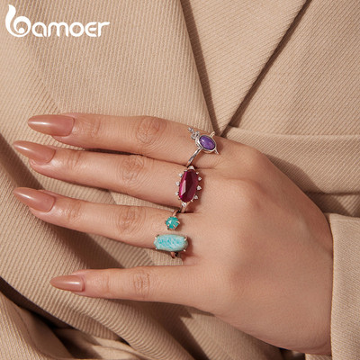 Bamoer Mở Nhẫn Có Thể Điều Chỉnh Kích Thước Pha Lê Amazonite Trang Sức Thời Trang Cho Nữ Quà Tặng