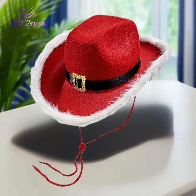 Y2E2noa Thời Trang Ông Già Noel Đảng Giáng Sinh Dạ Quang Mũ Cao Bồi Phương Tây Đỏ Nỉ Mũ Rộng Vành Bò