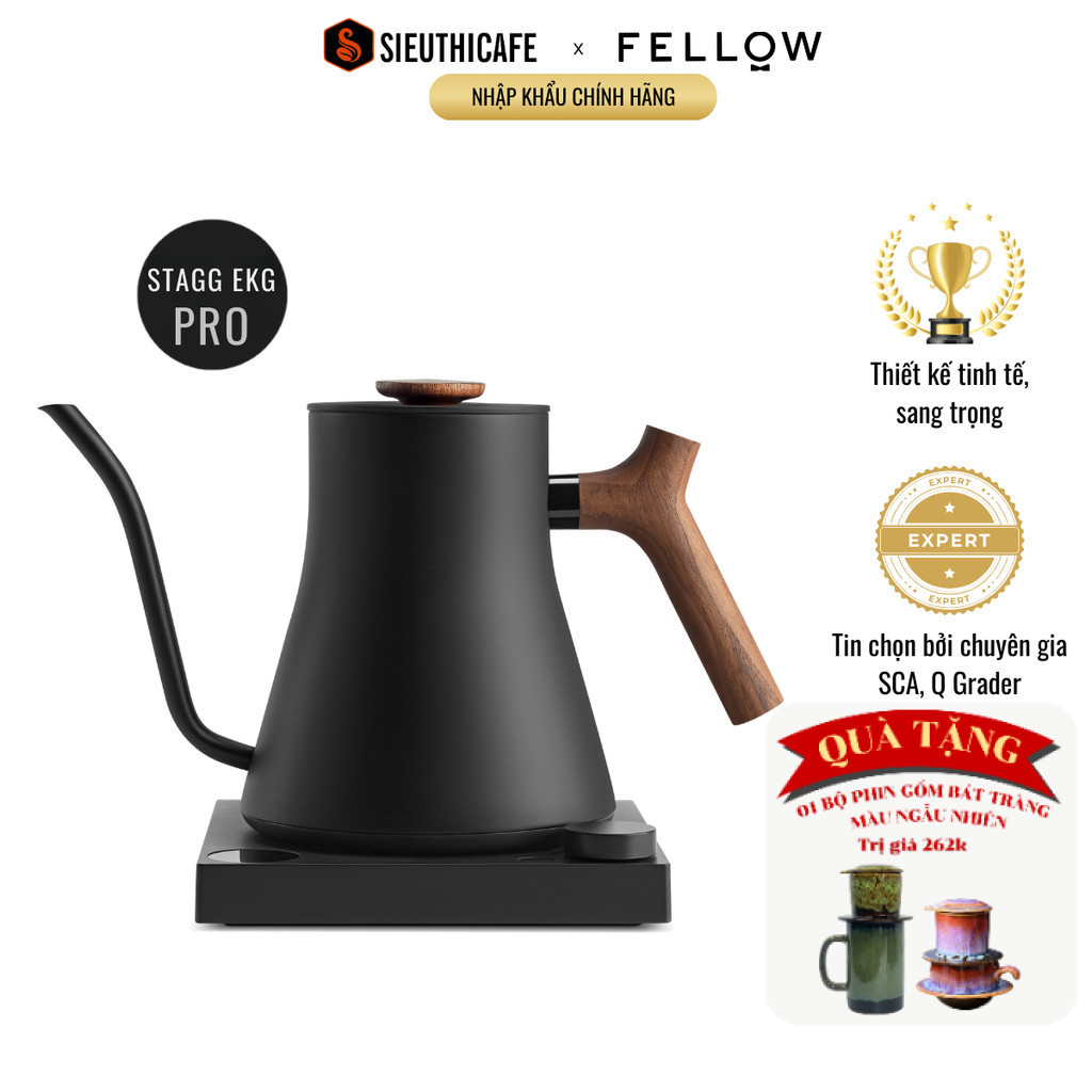 Ấm Rót Điện Fellow Stagg EKG PRO - 0.9L - 220V - Màu Đen Nhám, Tay Cầm Gỗ Walnut