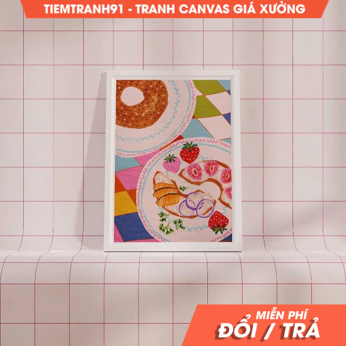 Tranh treo tường, Bagels Breakfast Illustration, Colorful , Checkerboard Illustration, Printable Art