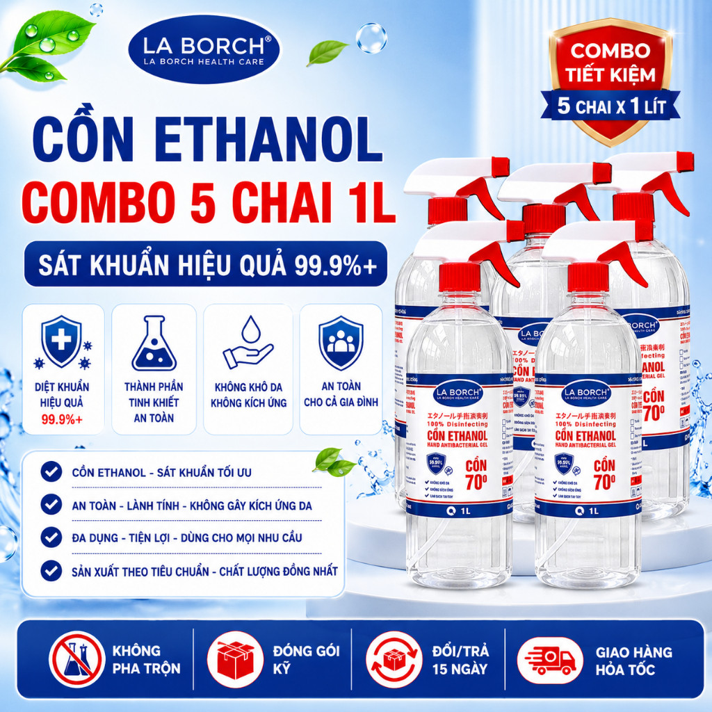 [COMBO 5 CHAI 1L] Cồn Y tế Xịt Khuẩn Ethanol LaBorch Chai 1L 70 Độ 90 Độ 96 Độ Có Vòi Xịt