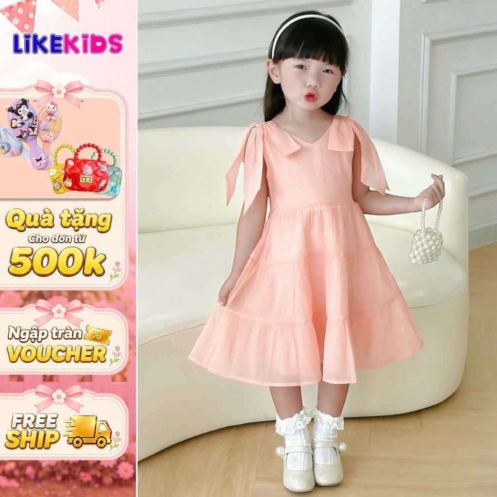 Đầm bé gái voan tay nơ, dáng xòe công chúa dịu dàng, chất mát nhẹ kiểu dáng CỘT VAI T63 - Likekids