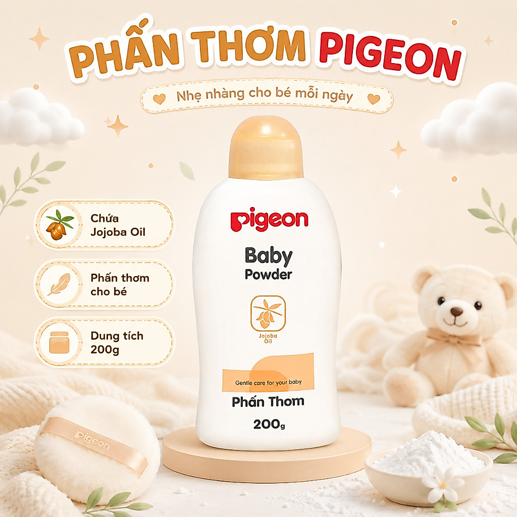 Phấn thơm em bé Pigeon Baby Powder Jojoba Oil 200g dịu nhẹ cho bé