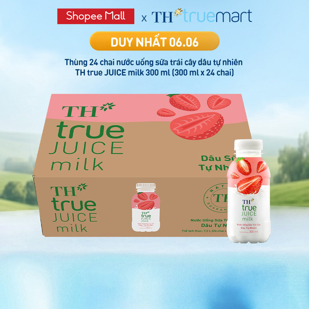 Thùng 24 chai nước uống sữa trái cây TH true JUICE milk dâu tự nhiên 300 ml (300 ml x 24)
