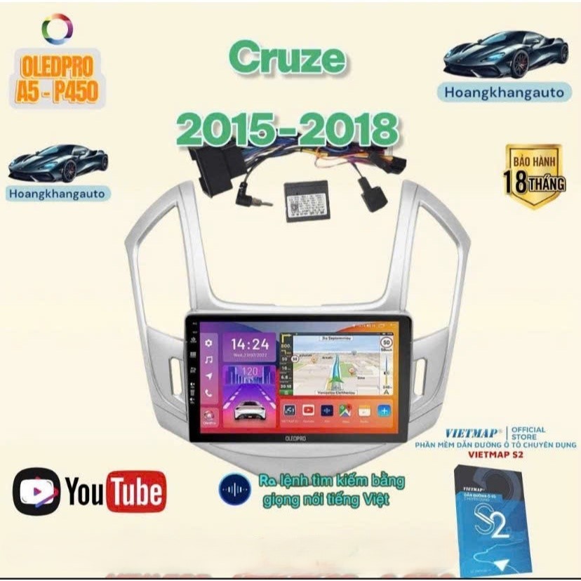 Combo  Màn Hình Android OLEDPRO A5 _ P450 theo xe Cruze 2015-2018 kèm dưỡng 9 inch và jack nguồn can