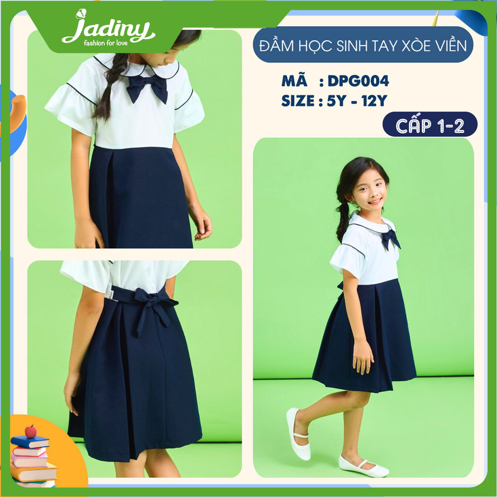 Jadiny Đầm Học Sinh Bé Gái Tay Xòe Viền Jadiny DPG004 - Cotton Cao Cấp, Mềm Mịn Có Dây Eo 16-45kg