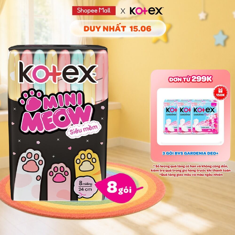 Combo 8/Combo 16 Băng vệ sinh Kotex MiniMeow Siêu mềm siêu mỏng cánh 8 miếng