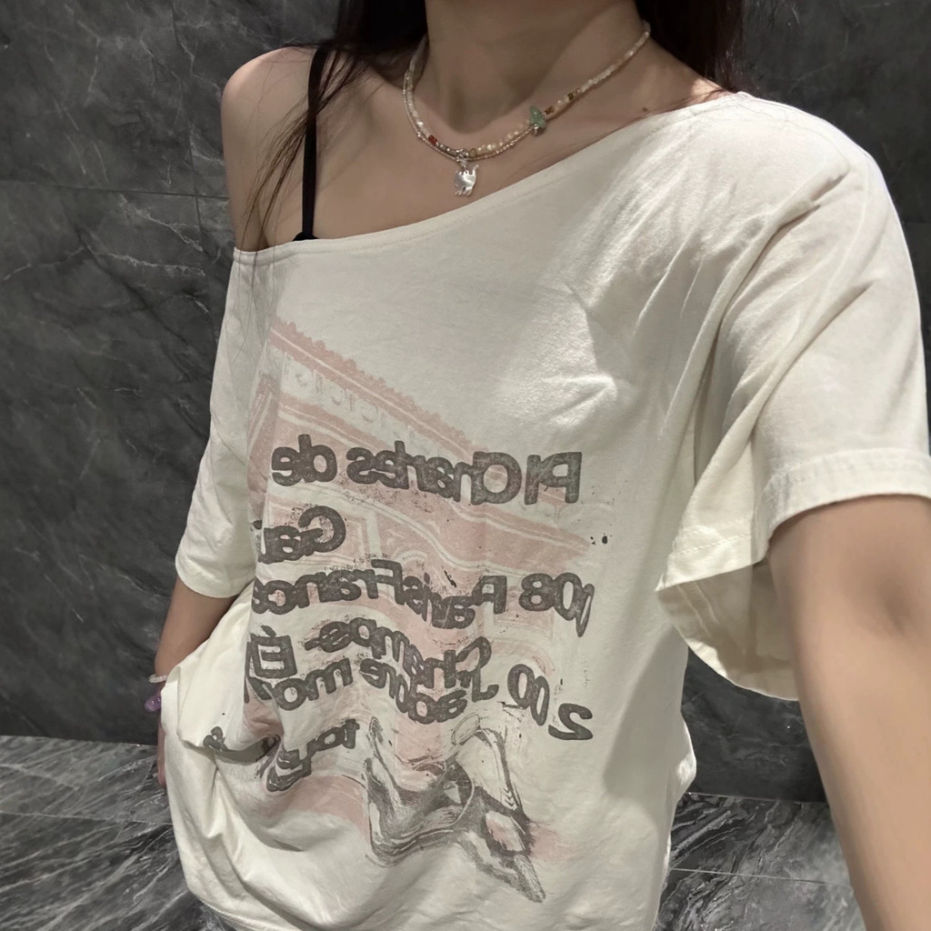 HAFJ Holliste# Off-shoulder loose-fitting short sleeve bm Off-shoulder letter print top for hot girl