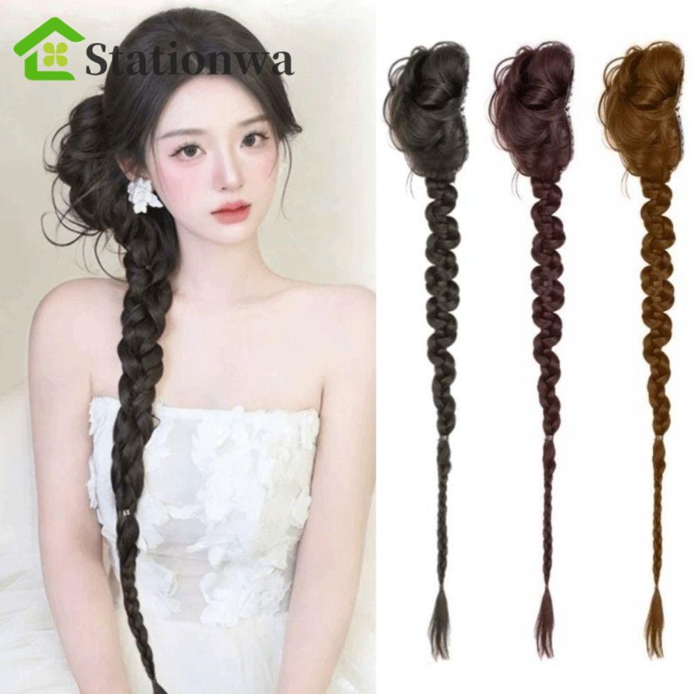 STATIONWA Twist Braids Bun Tóc giả, Claw Clip Side-Tied Long Braids Buns Hairpiece, Vintage Headband