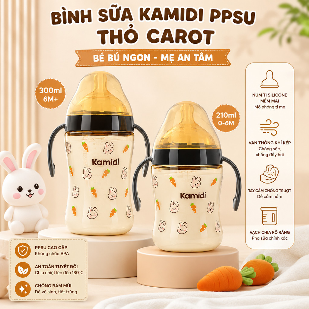 Bình Sữa Kadimi PPSU Thỏ Carot 210ml / 300ml – Bình Sữa Cao Cấp Cho Bé Yêu Bú Ngon Mỗi Ngày
