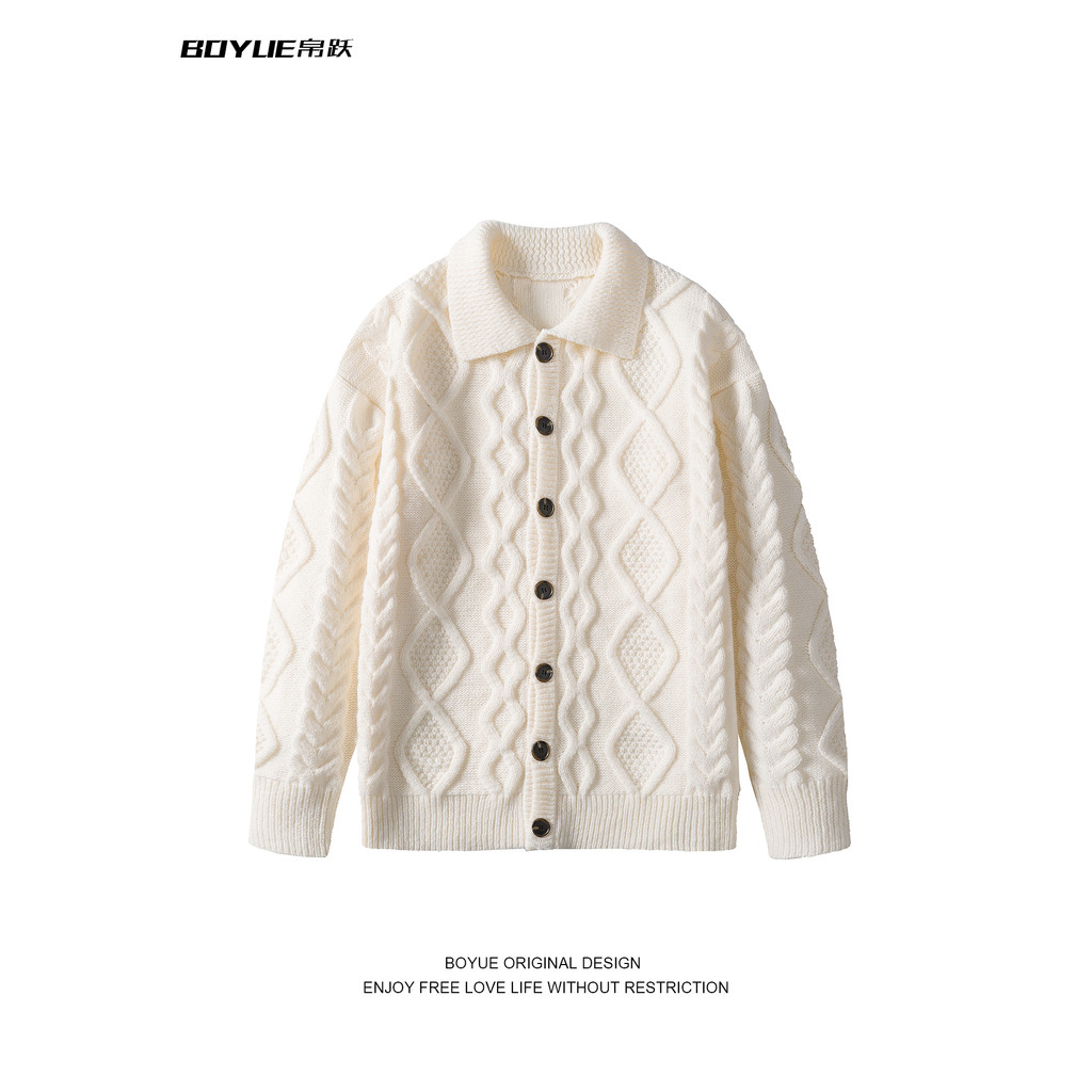 BOYUE BOYUE Nhật Bản Retro Họa Tiết Gai Dầu Dệt Kim Cardigan Nam Nữ Ve Áo Rời Nút Áo Len Áo Khoác