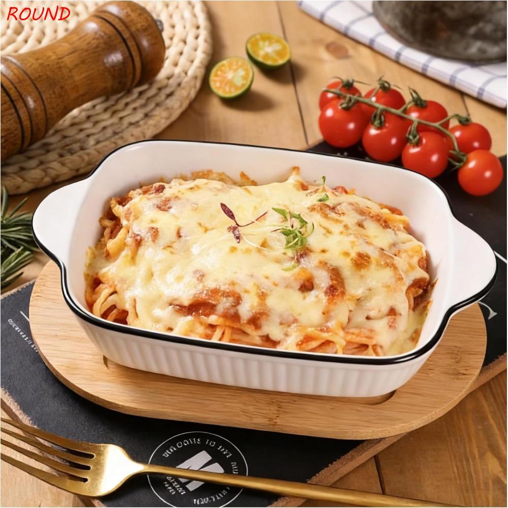 VÒNG 2 Tay Cầm Đôi Khay Nướng Gốm, Dải Họa Tiết Cạnh Đen Đĩa Lasagna Lasagna, Bền Chịu Nhiệt Bắc Âu 