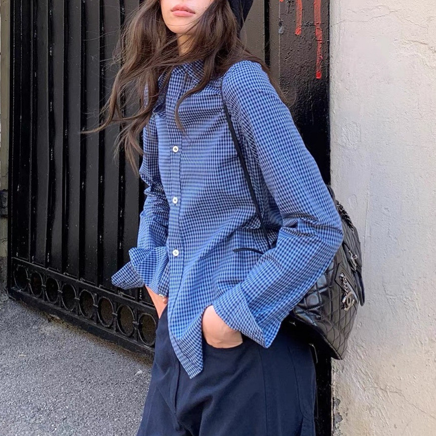 Early autumn retro-chic mixed-and-match fine checkered waist-cinching long-sleeve shirt