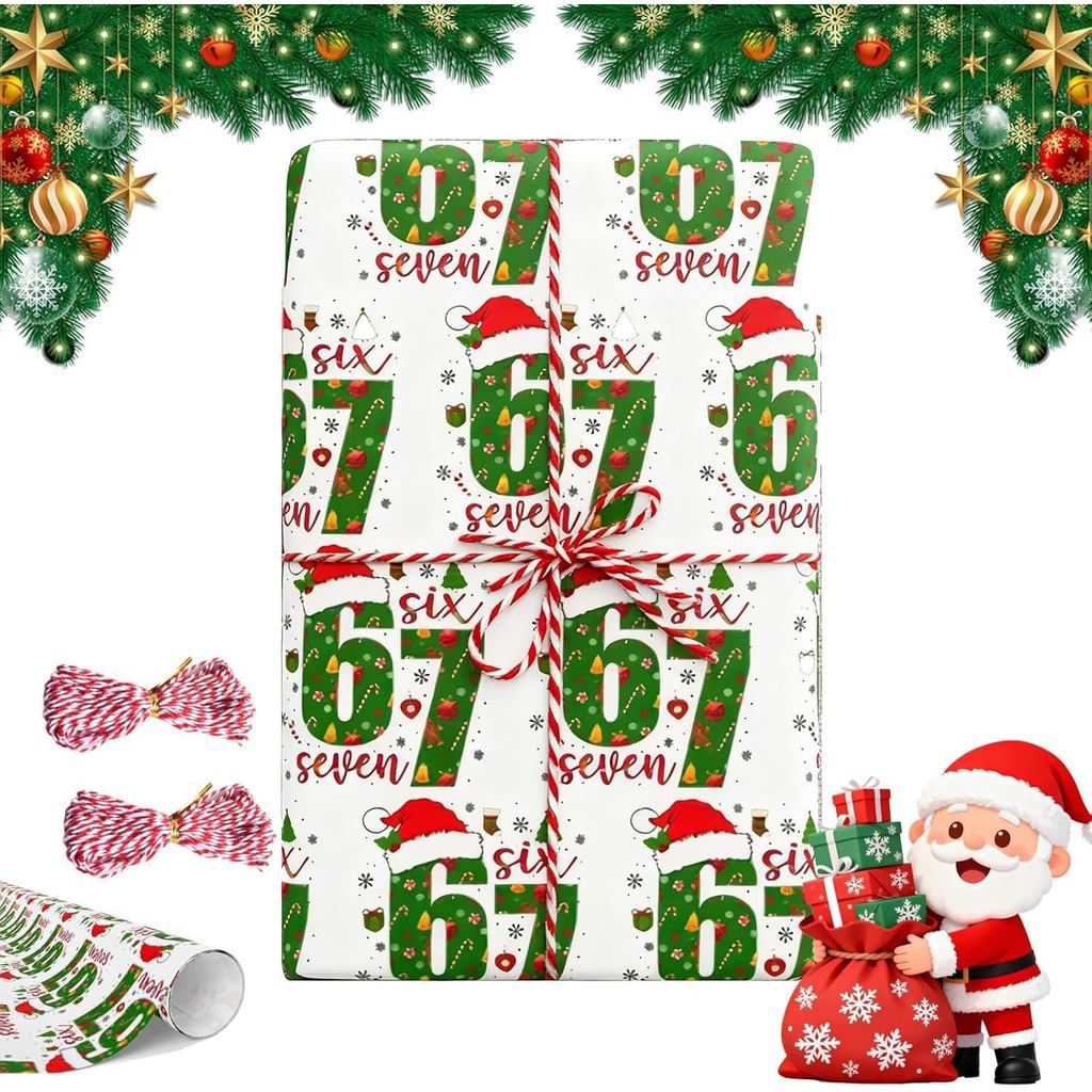 Giấy gói Giáng sinh BIJIELAODIAO 67, Giấy gói 6 7 meme, 67 Meme Funny Teen Holiday Gift Wrap, Santa 