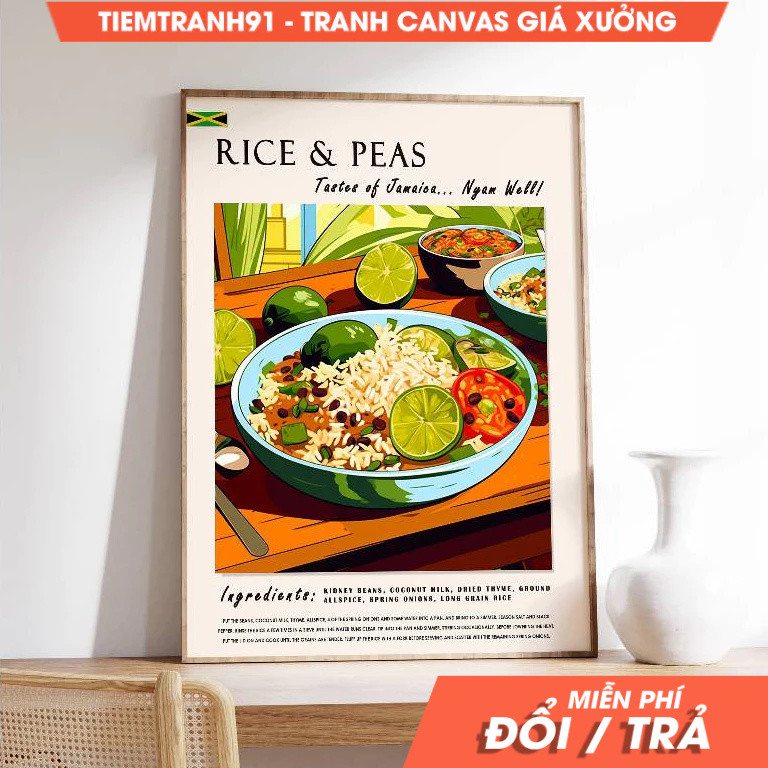 Tranh treo tường, Rice and Peas Jamaican Food Poster, Jamaican Food Art, tặng kèm đinh treo, in theo