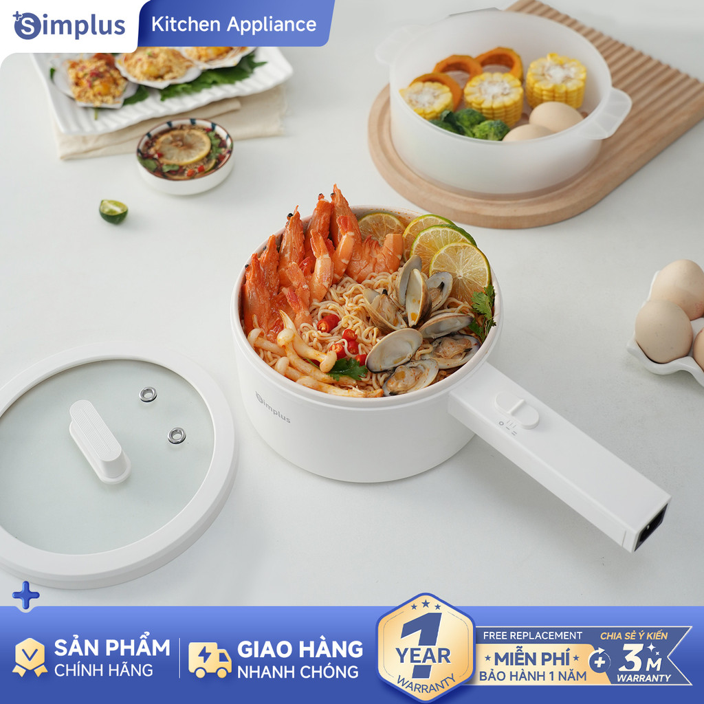 Simplus Nồi lẩu điện 1.8L có tay cầm dài, công suất 600W, nấu đa năng, nồi chống dính phủ men gốm ti