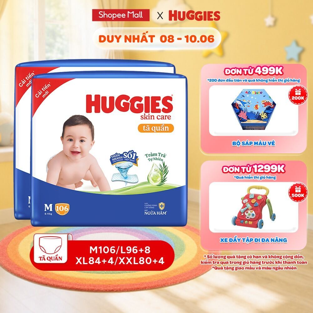 Combo 2 Tã quần Huggies Skincare Mega Jumbo M106/L96+8/XL84+4 với tràm trà dịu da