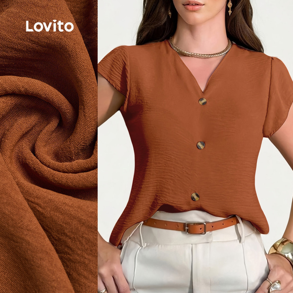 Lovito Áo sơ mi nữ mùa xuân/hè, cài nút trước, màu cam, dáng thường LBL31124