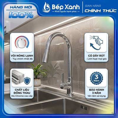 [CHÍNH HÃNG] Vòi Rửa Chén Nóng Lạnh Ecalite EF-H009C -  Có Dây Rút - Đồng Thau mạ Chrome - Bảo Hành 3 Năm