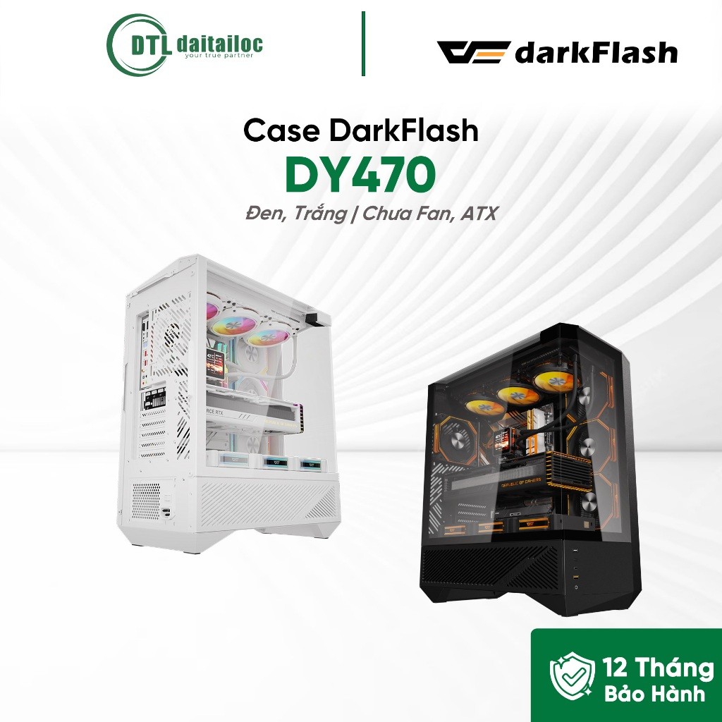 Case DarkFlash DY470 (Bể Cá, Chưa Fan, ATX) Đen/Trắng | Chính hãng | Bảo hành 12 tháng