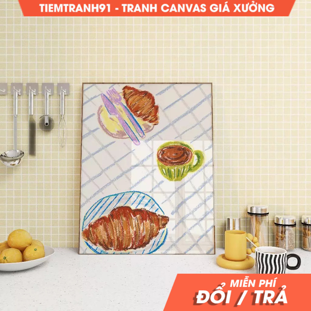 Tranh treo tường,Coffee and Croissant Illustration, Colorful, Still Life Illustration, Printable Art