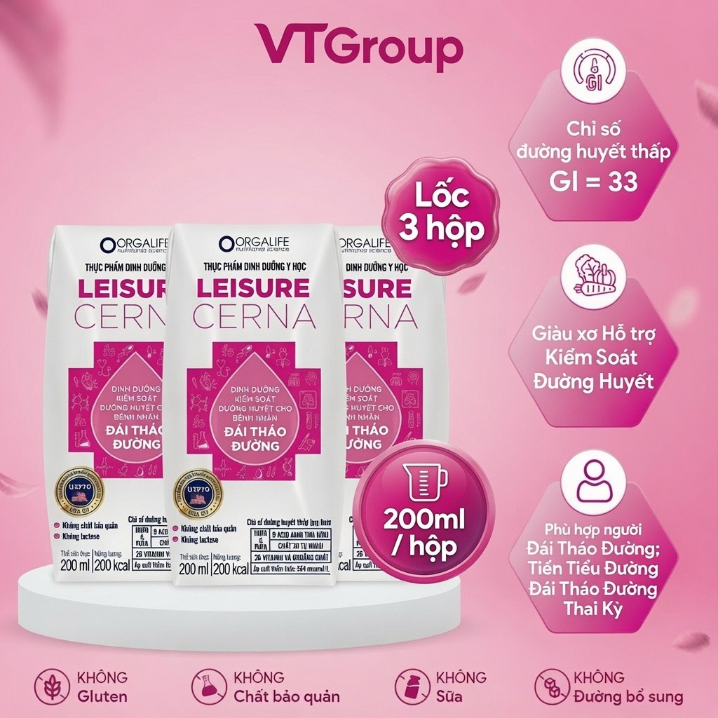 [Size mới] Lốc 3 Hộp LEISURE CERNA (200ml/Hộp), Soup Uống Dinh Dưỡng Hỗ Trợ Kiểm Soát Đường Huyết