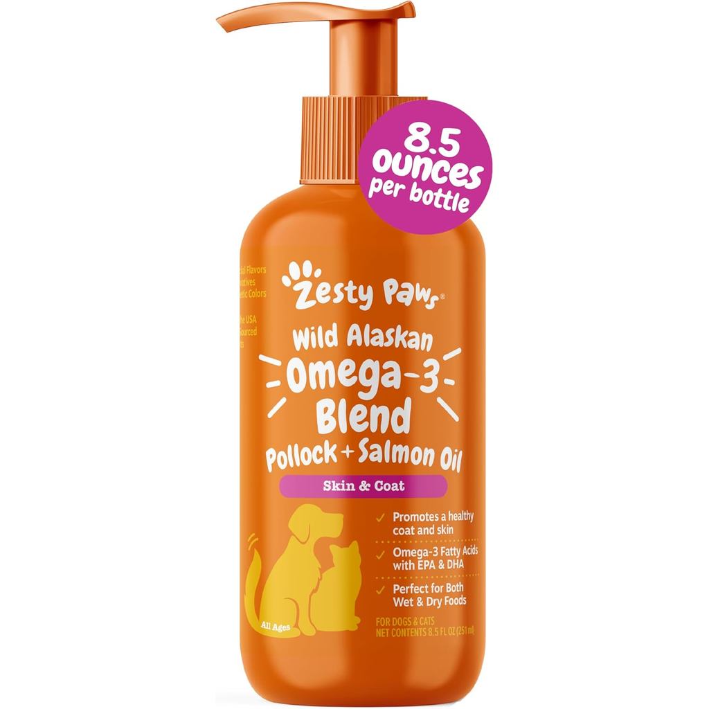 Zesty Paws Wild Alaskan Omega-3 Blend Pollock + Dầu cá hồi cho chó mèo- Hỗ trợ da và áo khoác, Bổ su