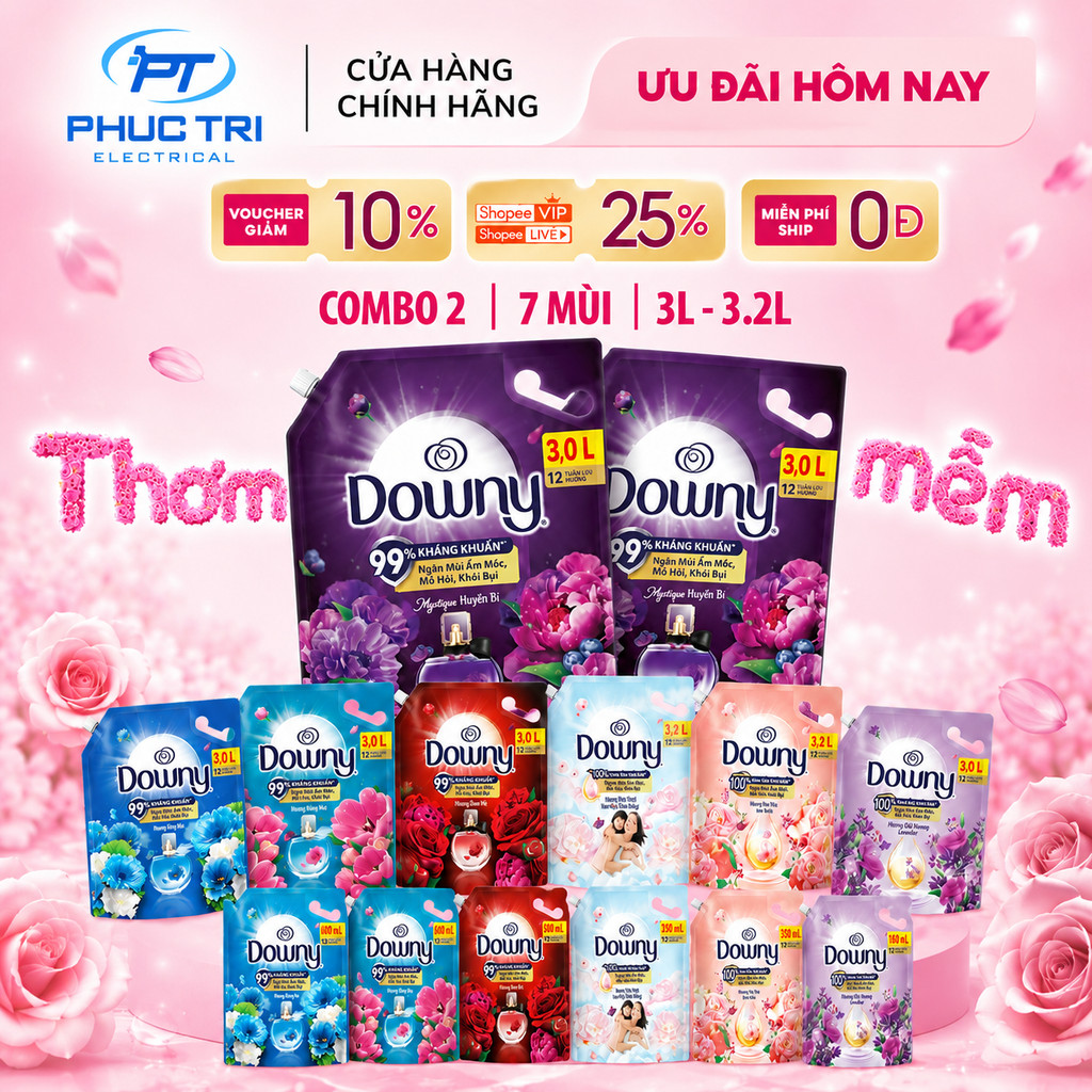 Combo 2 Túi Nước Xả Vải Downy Tinh Dầu Thiên Nhiên/Nước Hoa Cao Cấp Túi 3L