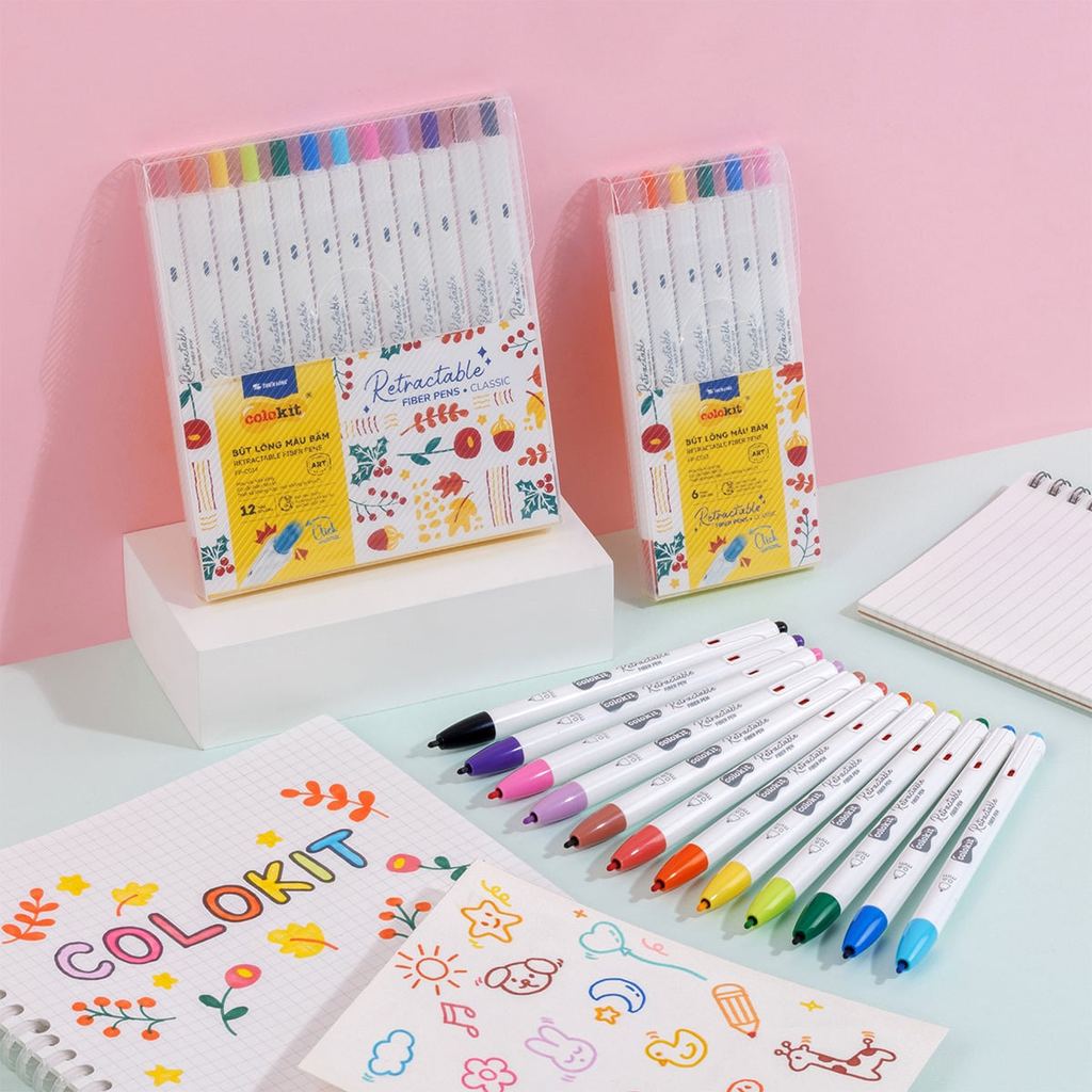 Bút lông màu bấm 6/12 màu Retractable Fiber Pens - Bút màu lông calligraphy Thiên Long Colokit 0.6mm
