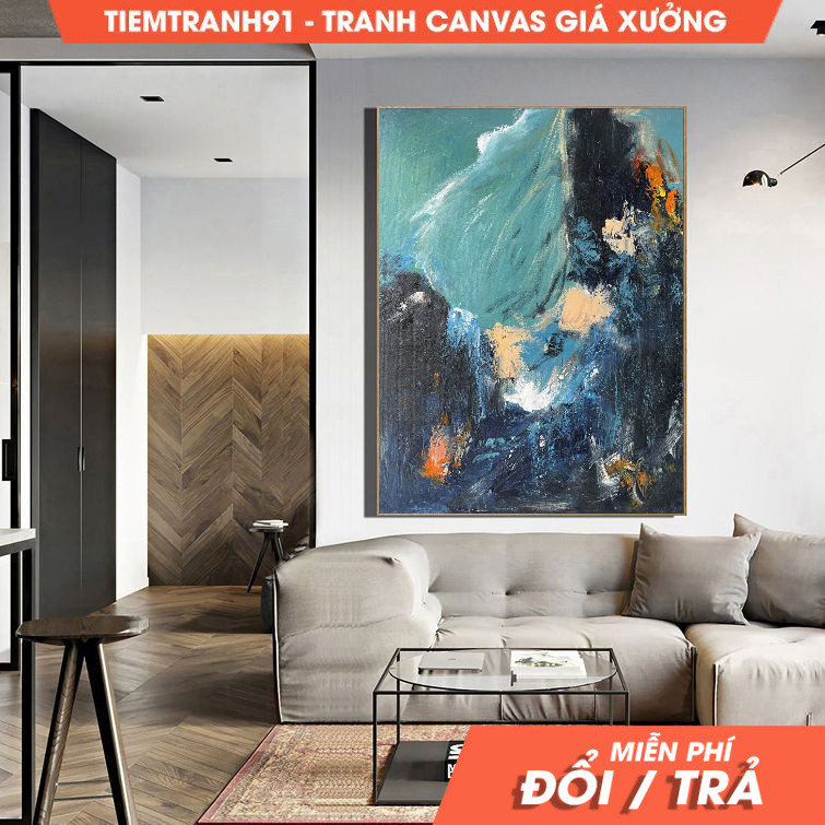 Tranh treo tường, Original Blue Abstract Painting Green Abstract Painting Green Emerald Painting Dar