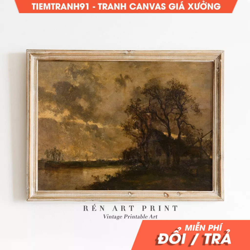 Tranh treo tường, Moody Landscape Painting Antique Rustic Wall Art Vintage Sunset Painting Moody Wal