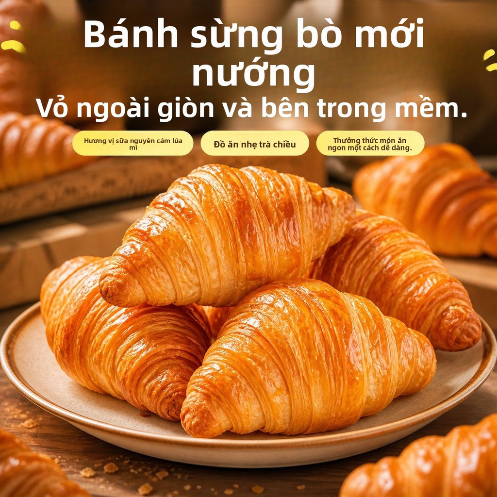 Ăn vặt bữa sáng Bánh sừng bò nhân sữa làm từ bột mì nguyên hạt, bánh sừng bò nhân bơ, giòn và nhiều 