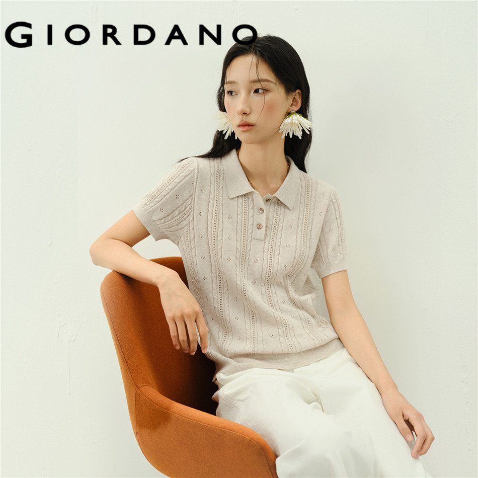 GIORDANO WOMEN Openwork cable knit short sleeve polo shirt 18356910