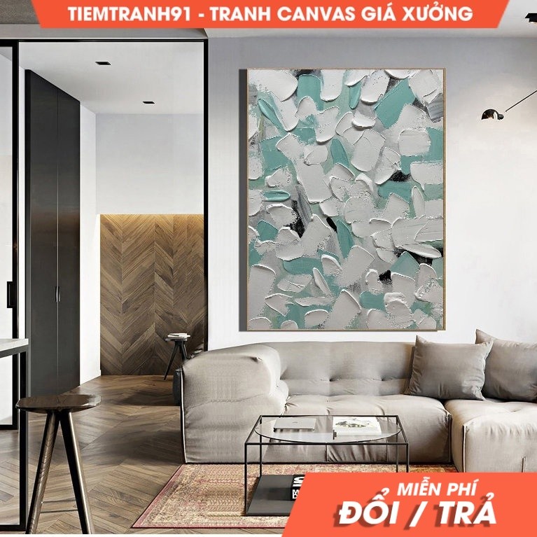 Tranh treo tường, White Minimalist Wall Art White Textured Painting Light Blue 3D Texture Art Origin