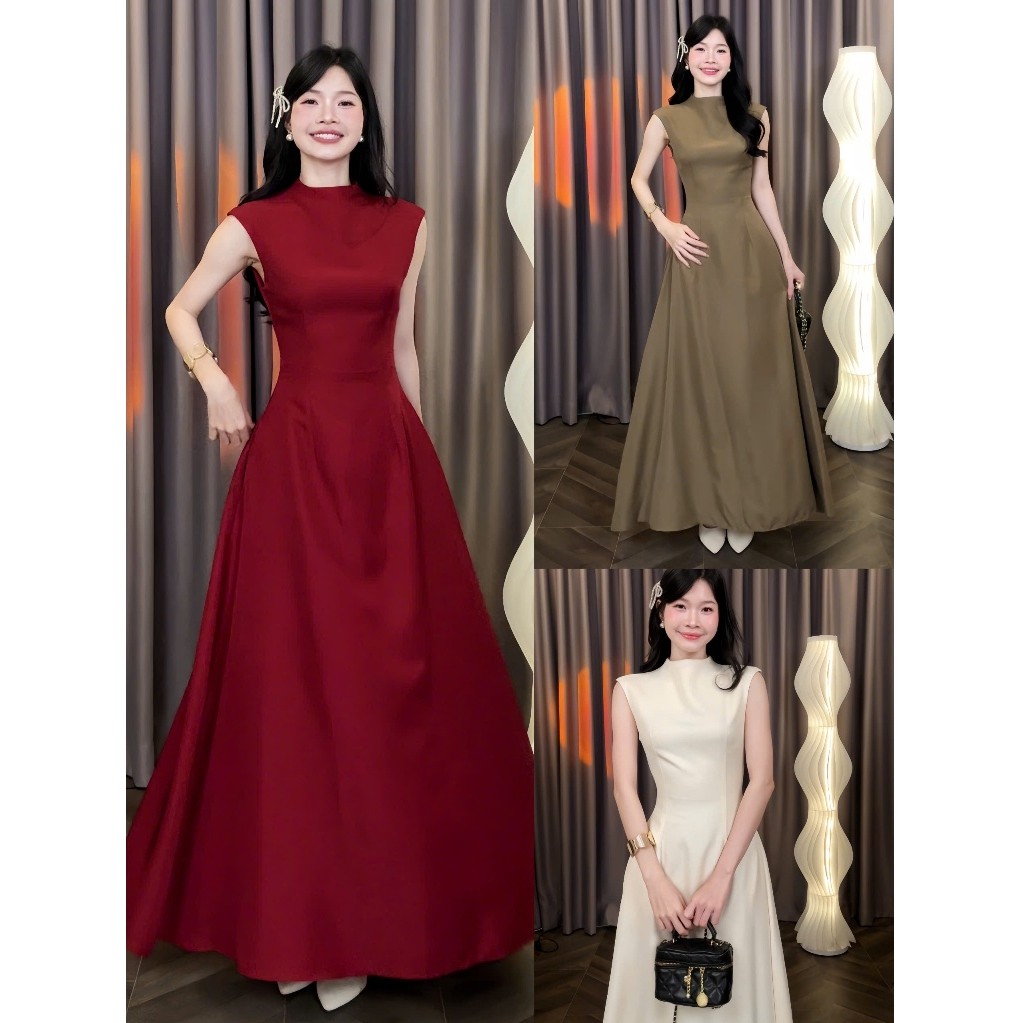 [Đ.40-T] Đầm Thiết Kết Dáng Dài Cổ Trụ Thanh Lịch Cổ Điển (Có Túi) Women Top Dress | Tũm Clothing