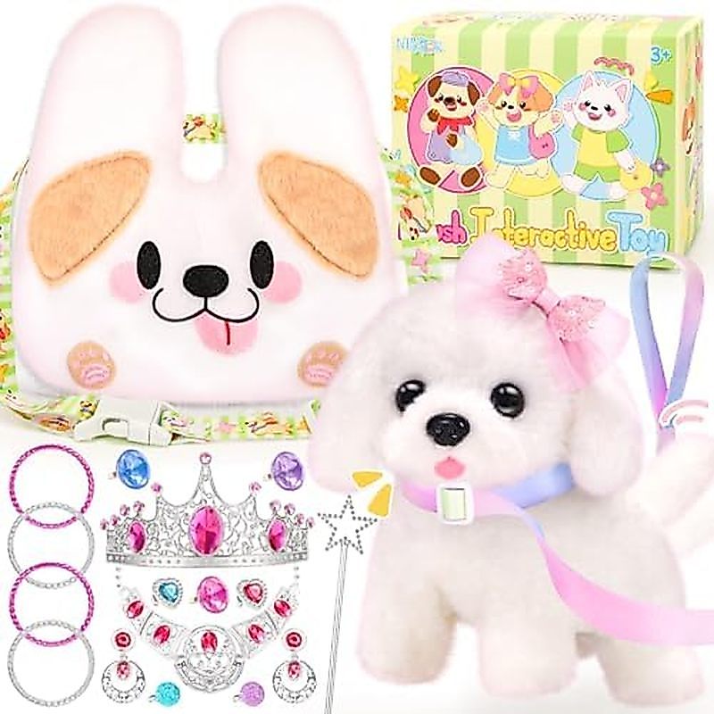 Toys for Kids with Crossbody Bags Princess Jewelry, Robot Puppy with Leash Walking Barking, Pretend 