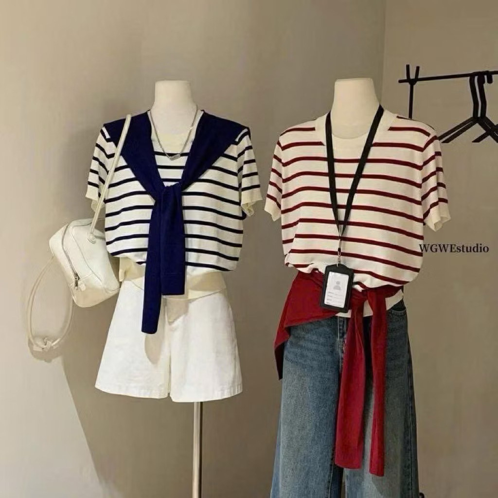 JANG STORE Áo len mỏng kẻ ngang cổ tròn tay cộc kèm khăn hàng quảng châu A252 jang store