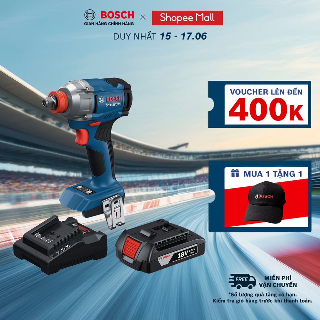 Máy bắt ốc vít dùng pin Bosch GDX 18V-285 (SOLO) + Pin GBA 2.0Ah / Bộ Sạc GAL 18V-20 (MỚI)