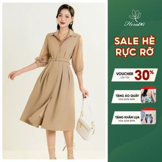 Đầm dáng xòe cổ đức HeraDG thiết kế tay áo và cổ áo phối vải tơ trên nền Tuytsi cao cấp phong cách công sở SDPBC3026