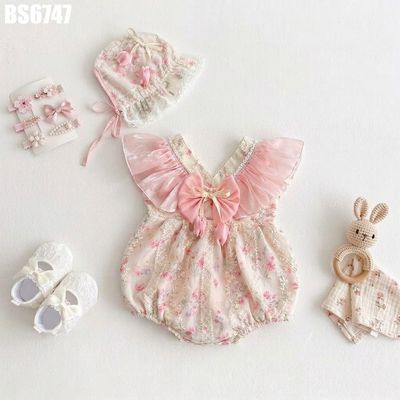 Set Body Váy Sơ Sinh Bé Gái Bèo Nhún Cổ V Phối Ren Đính Nụ Hoa Tulip Mũ Công Chúa MINTSCLOSET BS6747